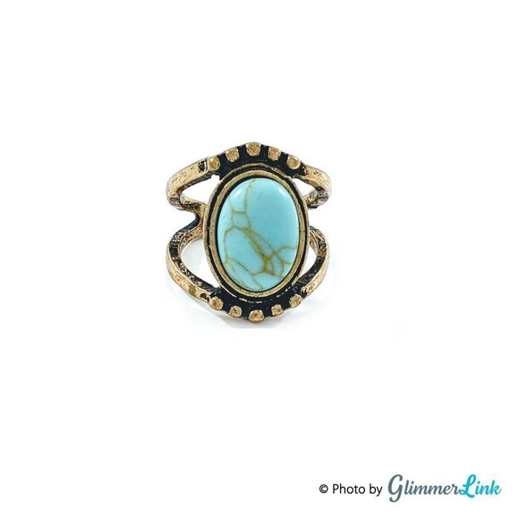 Faux Turquoise Oval Cabochon Gold Tone Ring - Picture 1 of 8
